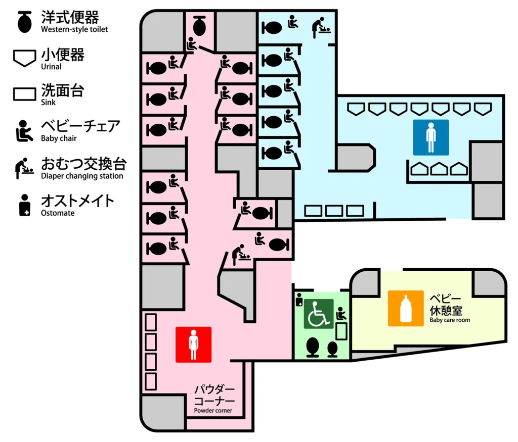 東京駅 新幹線北のりかえ口改札内の公衆トイレ案内図