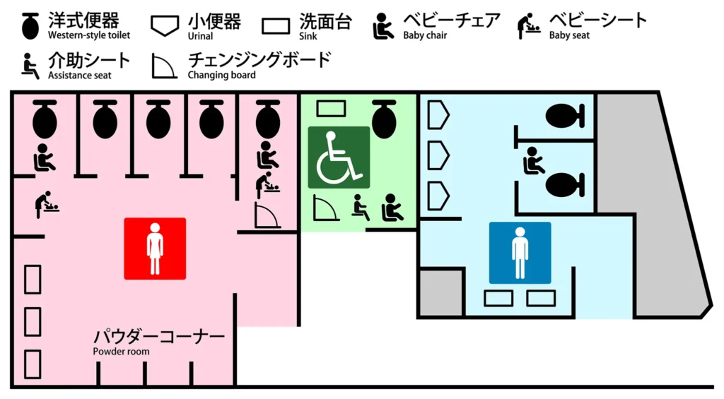 東京ドームシティ LaQua(ラクーア)2階の屋外トイレ案内図