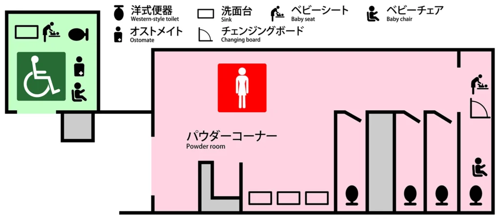 JR渋谷駅 ハチ公改札内バリアフリートイレ、女性用トイレ案内図