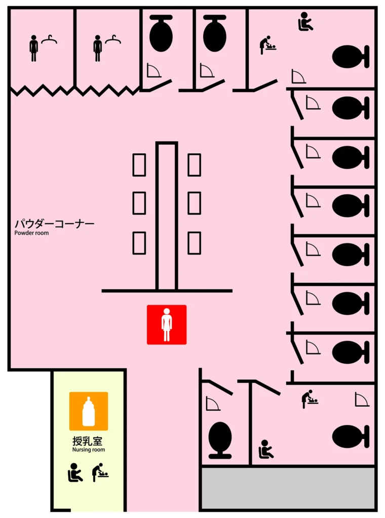 バスタ新宿 4階のパウダールーム付き女性用トイレ案内図